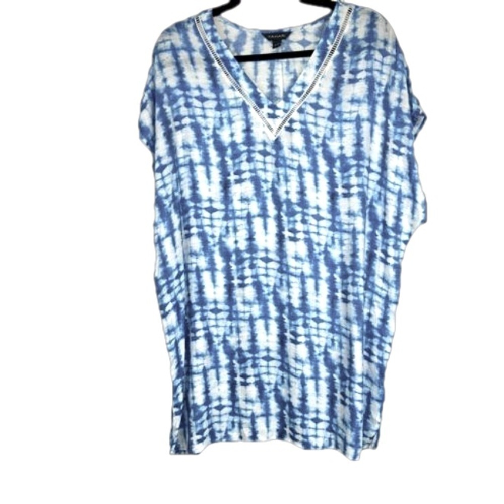 NEW! Tahari Kaftan Coverup Blouse Top Pool Beach Summer Blue & White Tie Dye Med